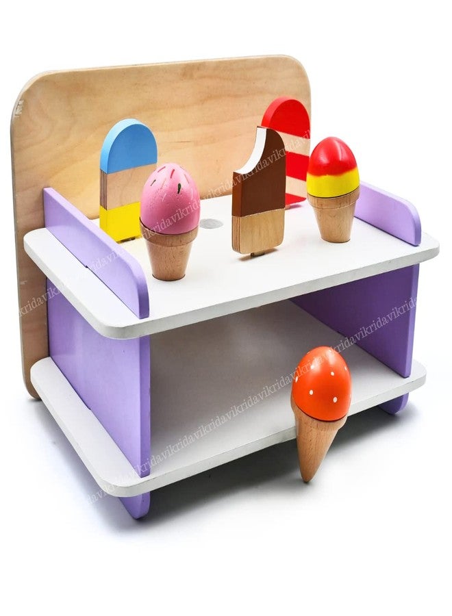 VikriDA Wooden Serve Ice Cream Counter Set for Kids, Play Ice Cream Cart Toy for Toddlers, Pretend Play Food Toys Accessories - Image 1